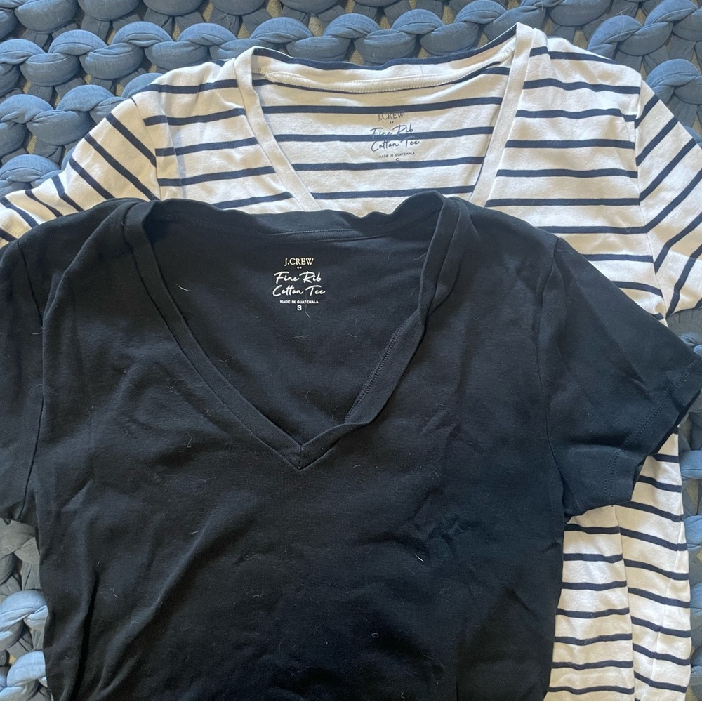 Lot of 2 J Crew Fine Rib Cotton Tee size Small Black and White/a navy Stripe